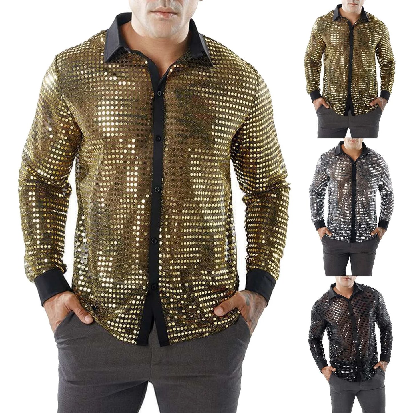 Glitter Sequin Shirt, Men's Long Sleeved Performance Wear, 70s Disco, Lapel Neck, Slimming Sparkle Compression Shirts With Button