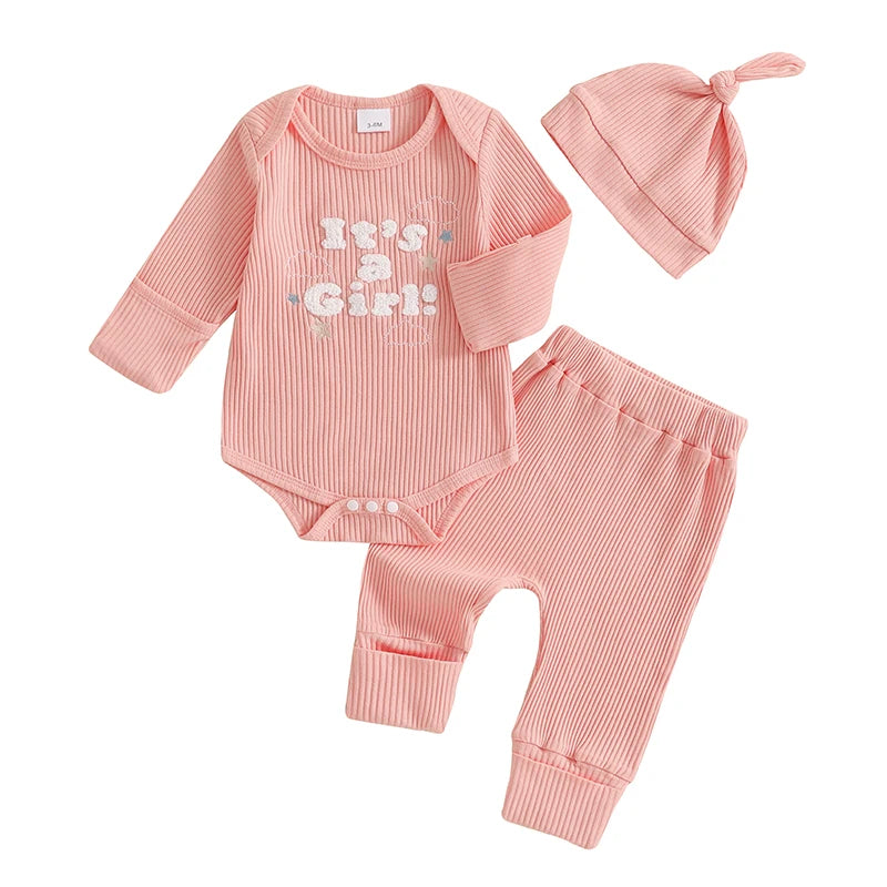 Baby Boys/Girls 3PCS Outfit, Long Sleeve Crew Neck, Letter Embroidery Romper, Solid Color Pants & Hat