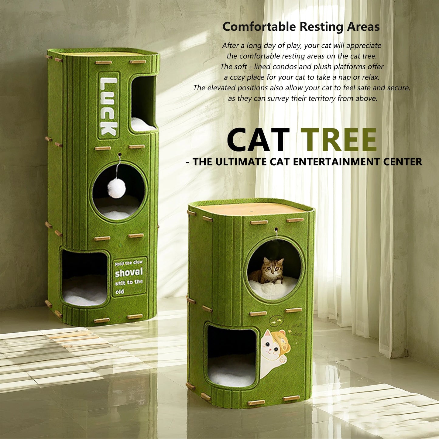 Three-Story Felt Cat Tree, With Scratching Boards And Comfortable Caves