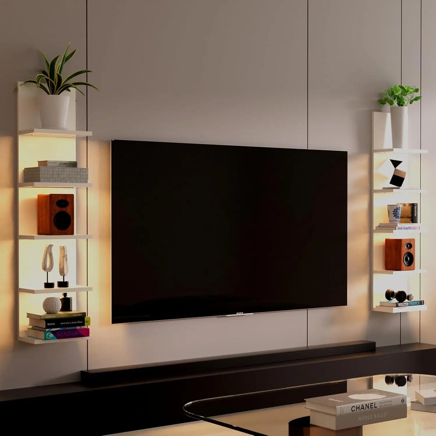 5 Tier Wall Shelf with Light, Wall Mount, Floating Column