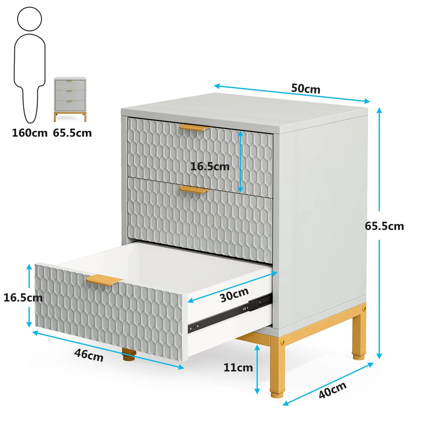 25.78" Tall Bedside Table with 3 Drawers
