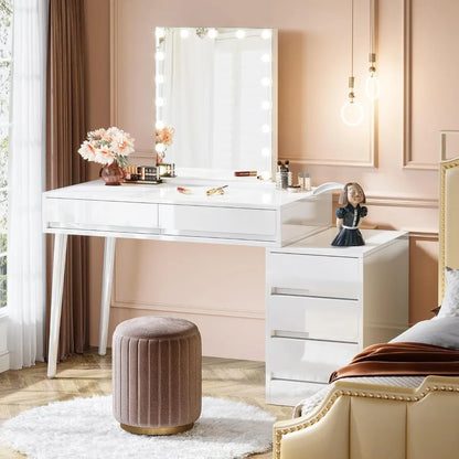 Vanity Desk with 5 Drawers, Reversible Drawer, Printer Stand, Computer Desk with Built-in Power
