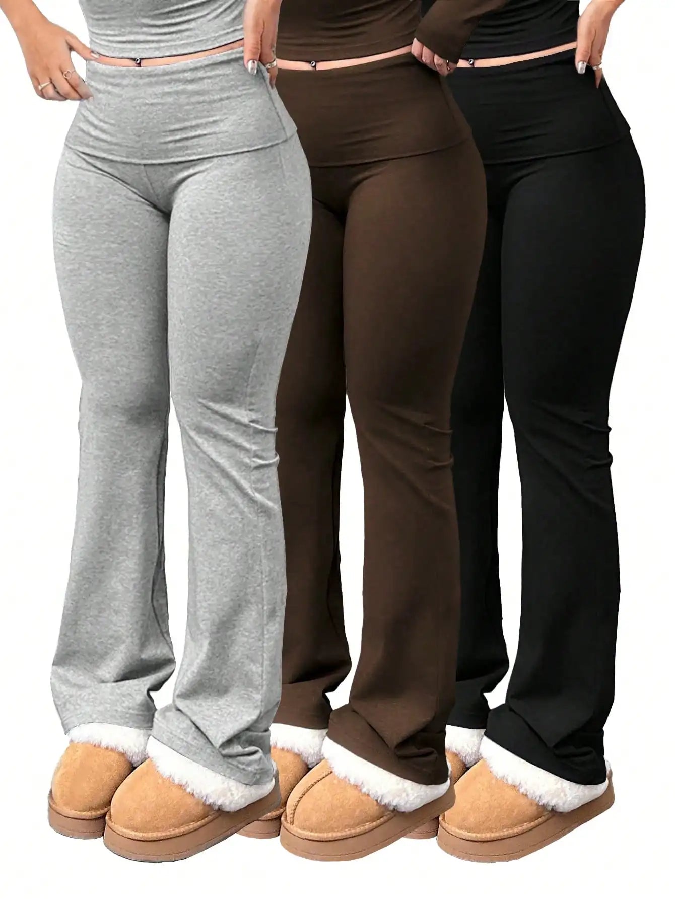 Women's High-waisted Flared Pants 3 Pairs, Casual Yoga Pants, Elastic Waist, Fitness Flared