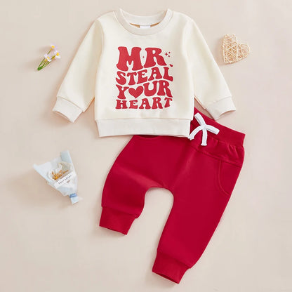 Toddler Baby Boy Valentines Outfit, Letter Print Long Sleeve Sweatshirt and Elastic Pants