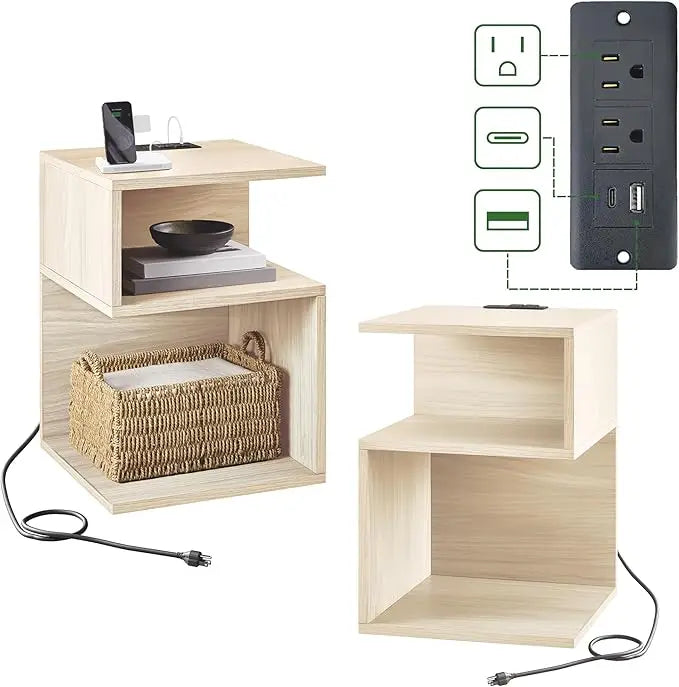Set of 2 Side Tables with Charging Station, Storage, End Table with USB Ports