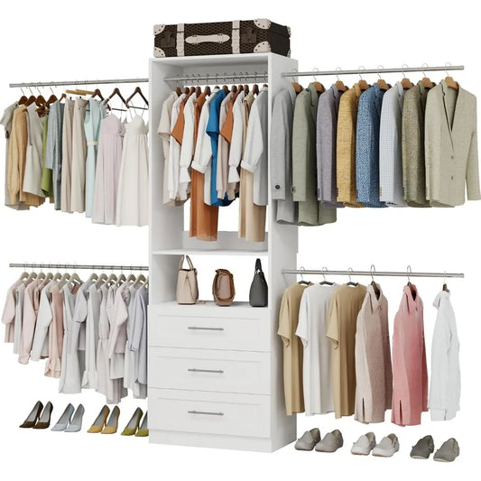 Closet System with 3 Drawers, 4-8.5 FT Wooden Closet Organizer System, 103” Closet Built in System with Shelves