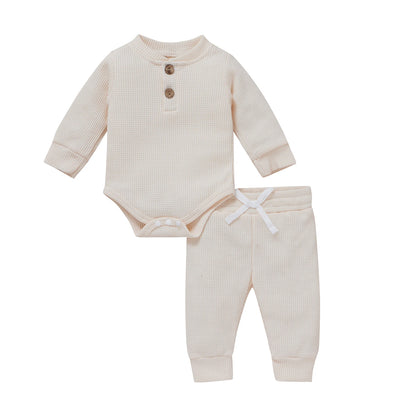 0-24Months Spring Solid Toddler/Baby Waffle Plaid Outfits Long Sleeve Romper + Casual Pants Set