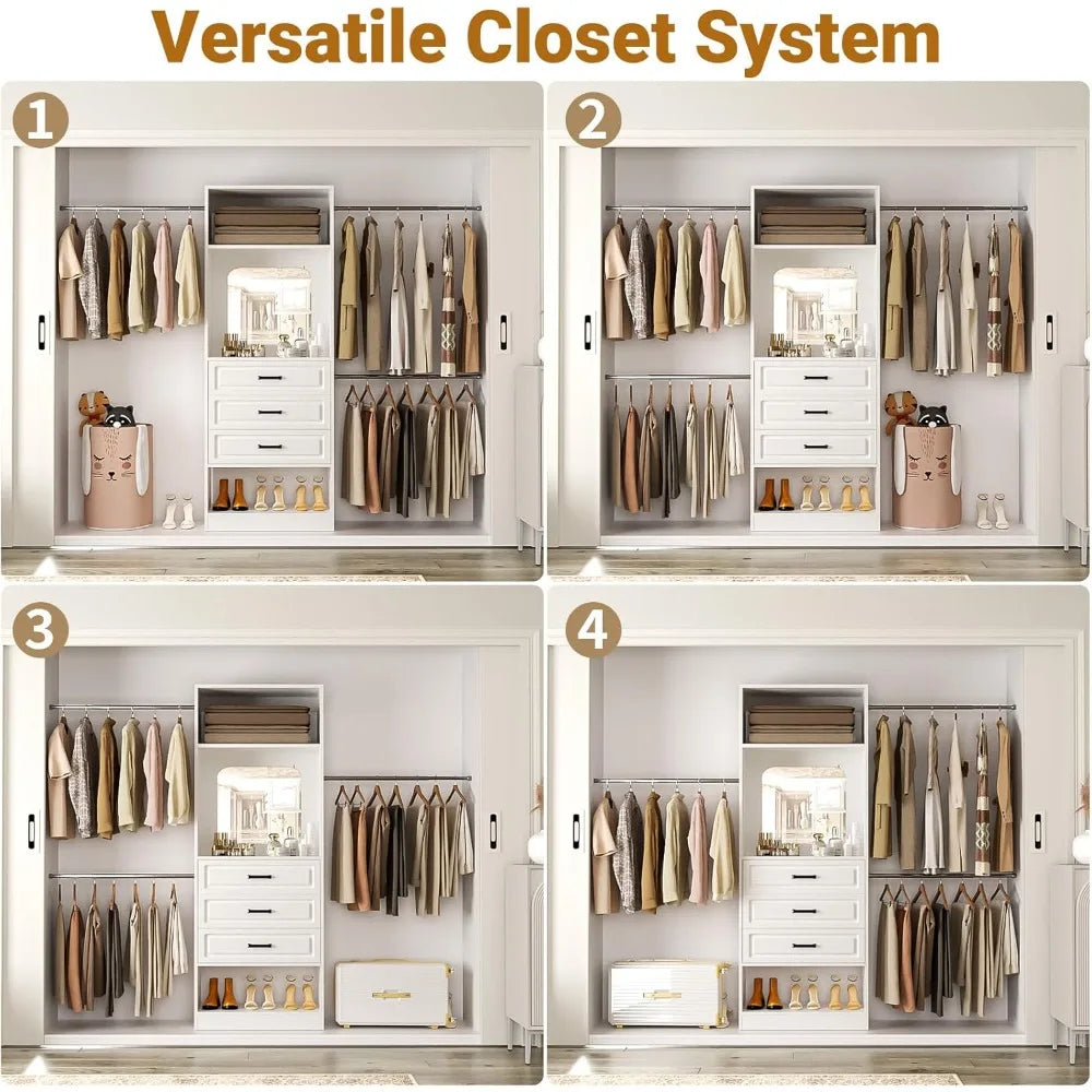 48" W - 96” W Closet System with Mirror, 8FT Walk in Closet Organizer Kits with Drawers and 3 Extendable Hanging Rod