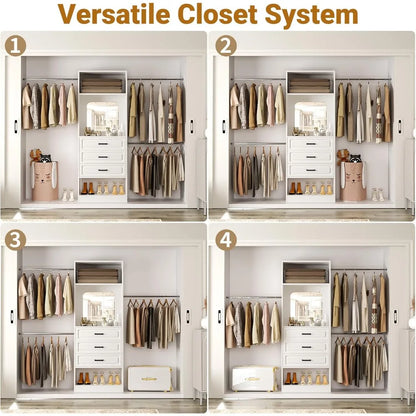 48" W - 96” W Closet System with Mirror, 8FT Walk in Closet Organizer Kits with Drawers and 3 Extendable Hanging Rod