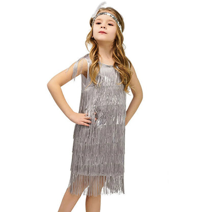 4-12 yo Girls Flapper Dress, Sequins Fringe, Tassel Tango