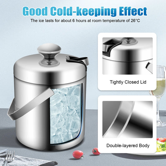 1.3L Portable Double-Walled Ice Bucket with Tongs Lid Stainless Steel