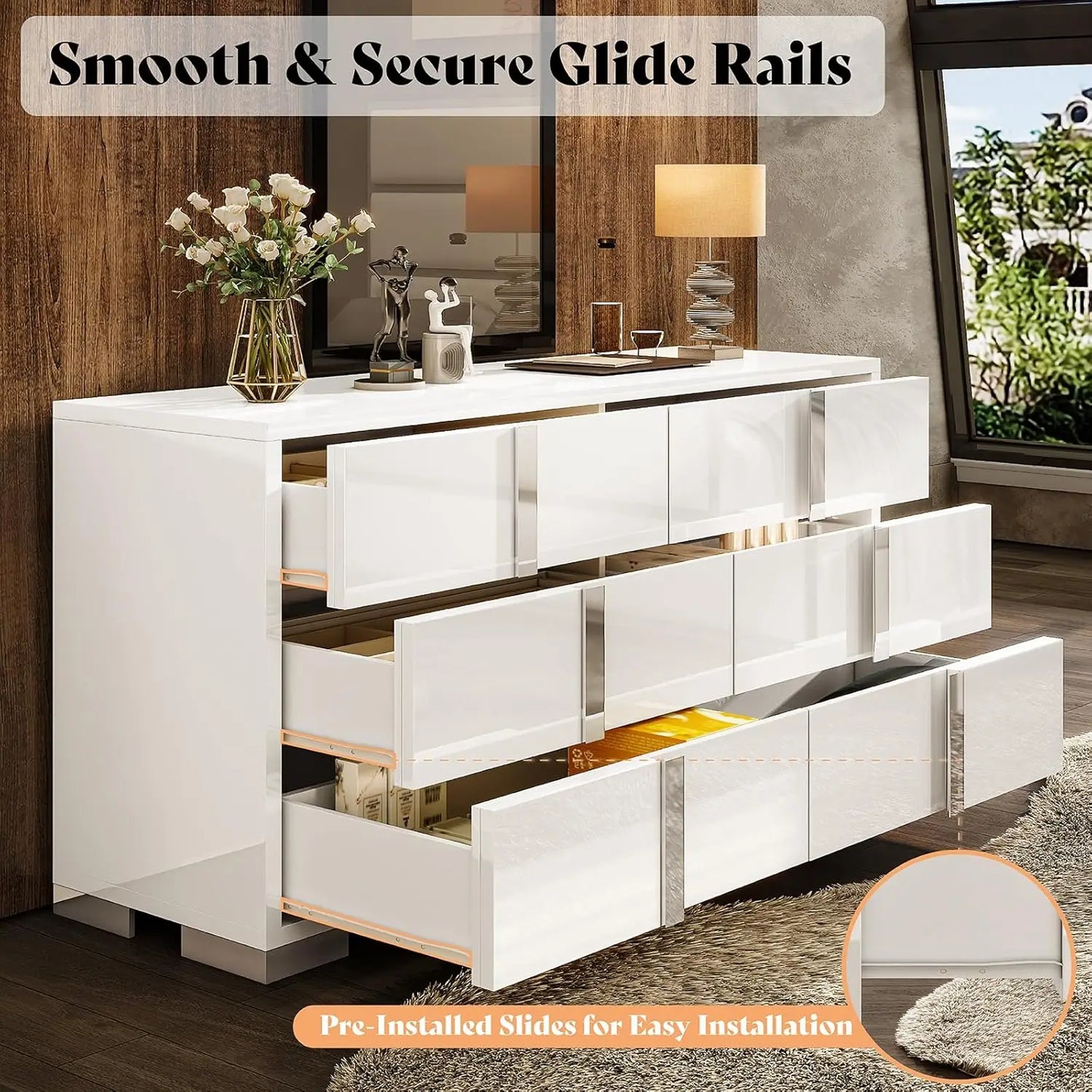 54" Wide High Gloss Dresser with 6 Drawers, Silver Grooved Handle, Contemporary Storage Chest