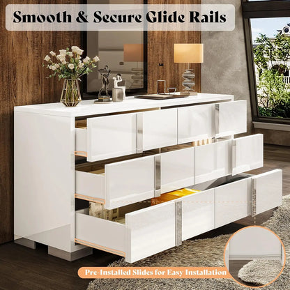 54" Wide High Gloss Dresser with 6 Drawers, Silver Grooved Handle, Contemporary Storage Chest