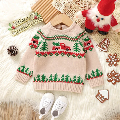 9 MO-3T Boy Christmas Sweater, Round Neck, Truck Print Knit Pullover