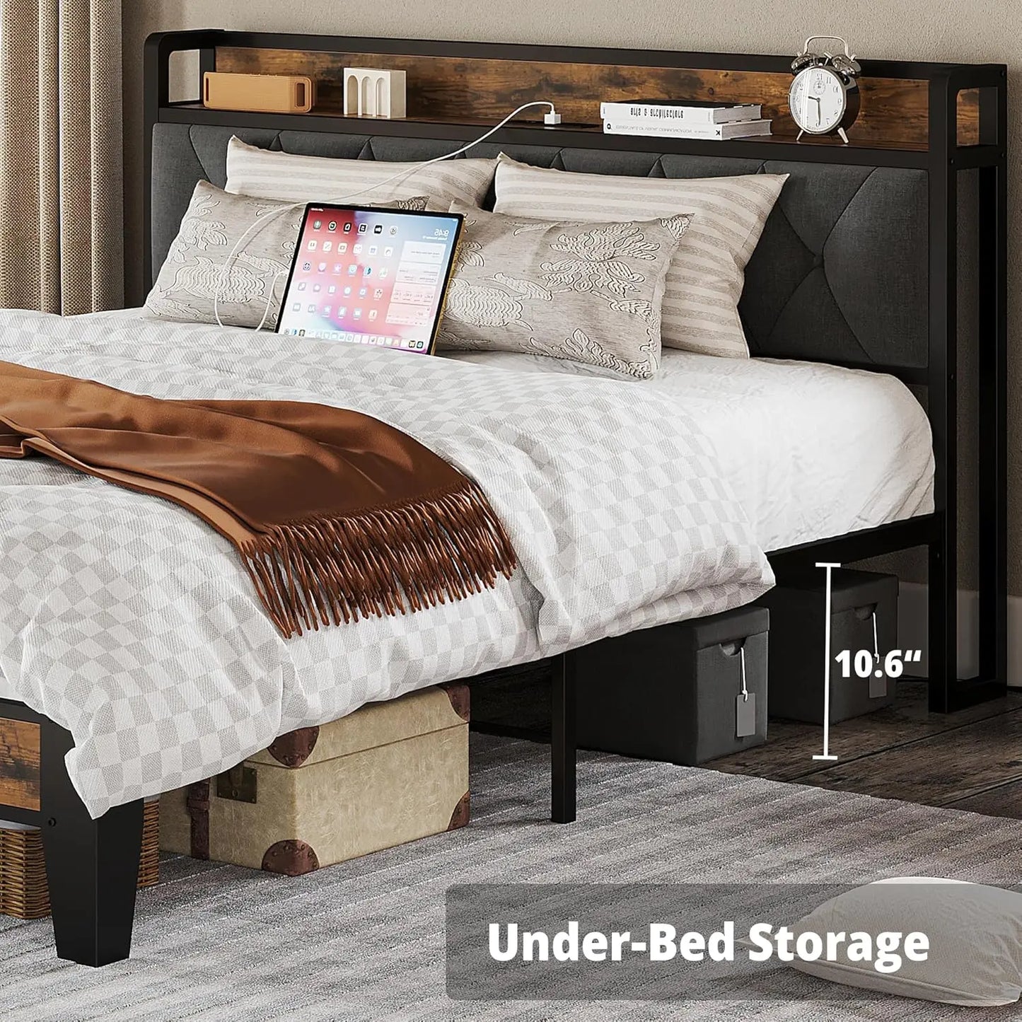 Twin/TwinXL/Full/Queen/King/CaliforniaKing Bed Frames, Storage Headboard with Outlets, No Noise, No Box Springs Needed