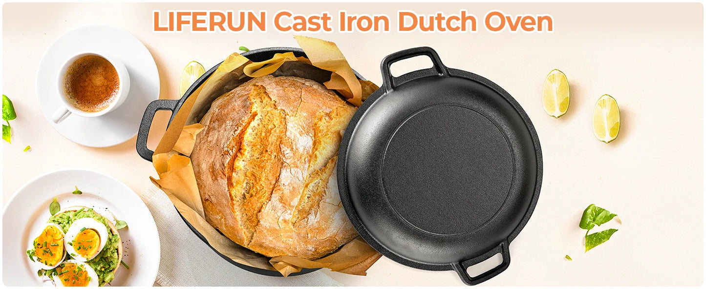Pre-Seasoned Cast Iron Double Dutch Oven With Loop Handles, 5.1 Quart Pot