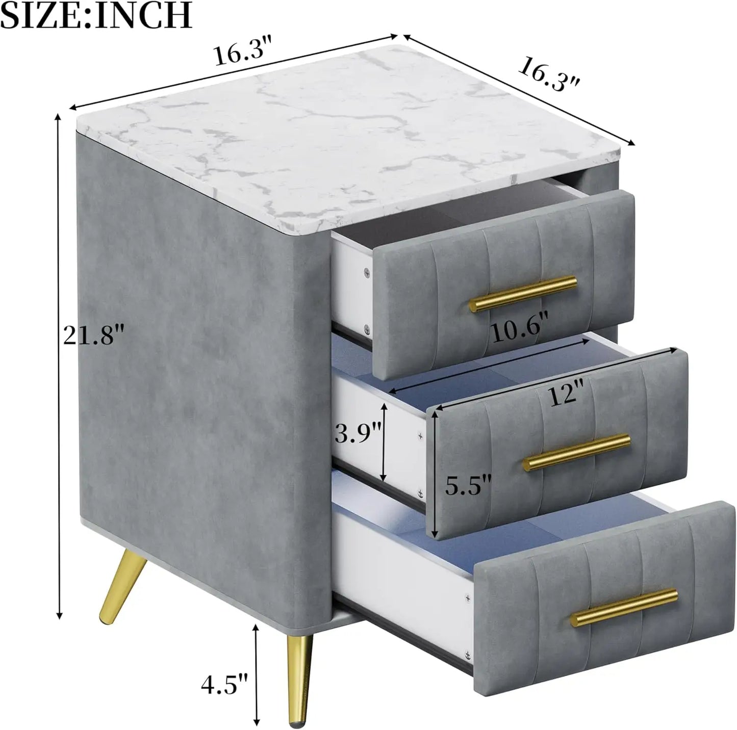 Nightstand with Drawers Set of 2, Upholstered Wood with Marbling Top
