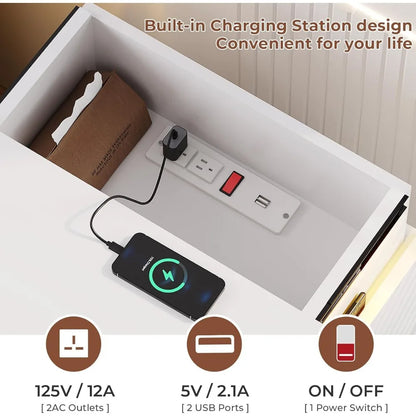 Side stand with Charging Station and LED Lights, Sliding Top, Drawers