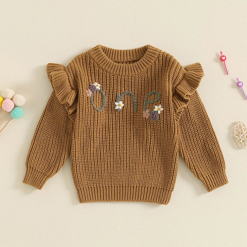 6-18 MO Birthday Sweater, Floral Letter Embroidery, Warm Knitted Pullover