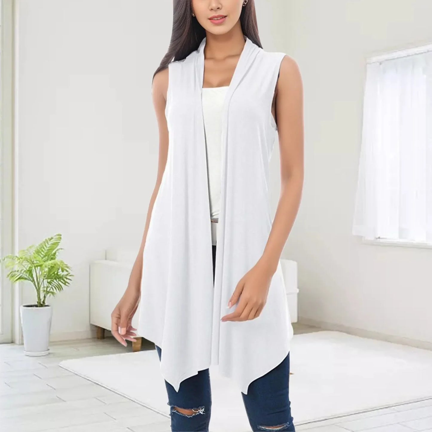 Women's Front Draped Cardigan, Solid Color Blouse Vests, Hem Asymmetric