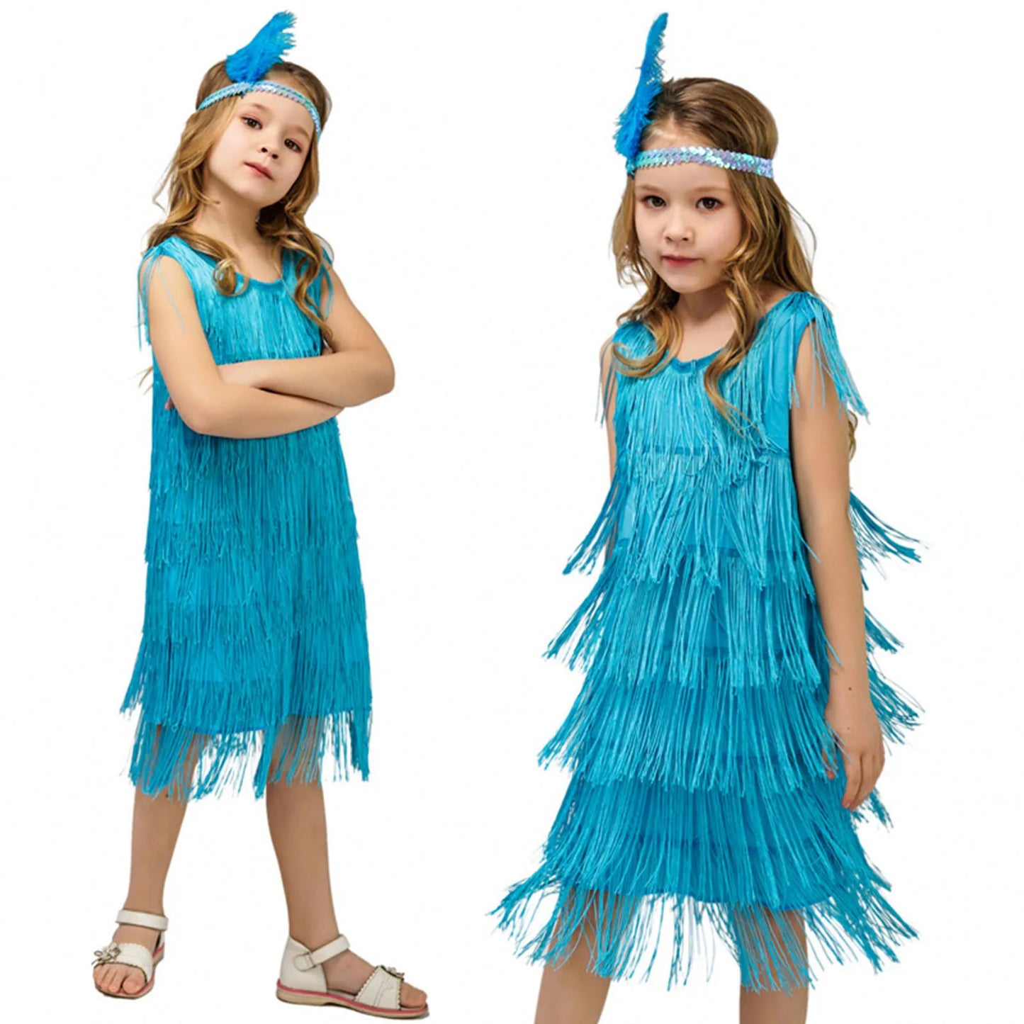 4-12 yo Girls Flapper Dress, Sequins Fringe, Tassel Tango