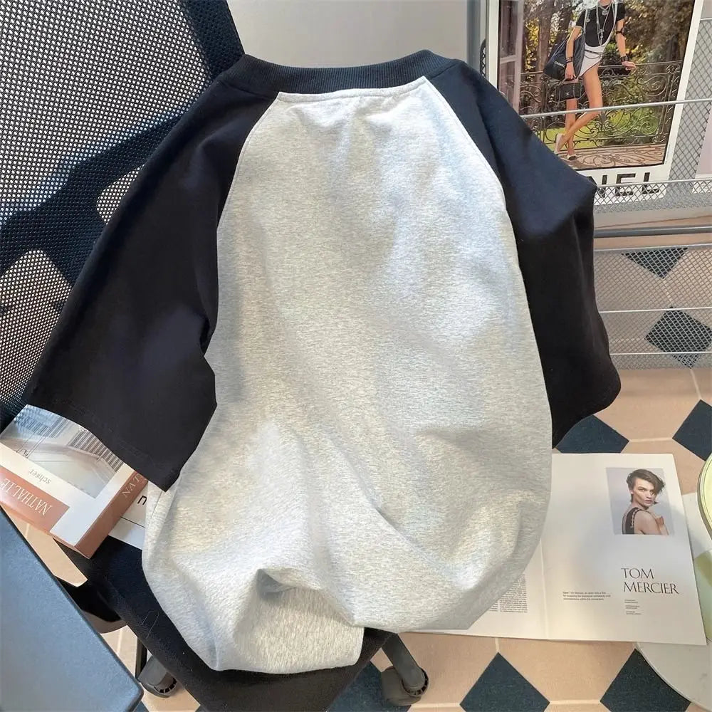 Patchwork Oversized Women T Shirt, Cat Print, Short Sleeve