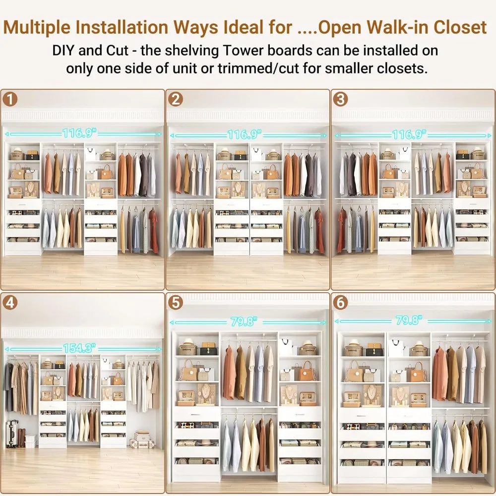 Closet System with 8 Wooden Drawers,  Tower, Clothes Rack w/4 Hanging Rods