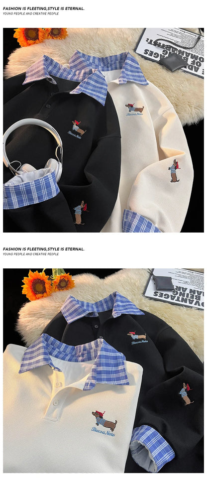 Unisex Plaid Patchwork Fake Two Sweatshirt, College Style Puppy Embroidery, POLO Collar