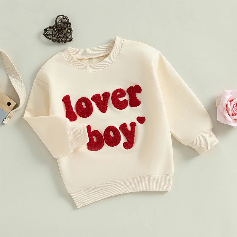 Toddler/Baby Boys Valentine's Day Sweatshirts, Long Sleeve, Crew Neck, Letter Embroidery