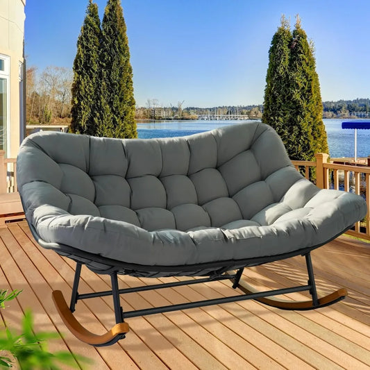 Double Papasan Patio Rocking Chair with Thick Cushions, 660LBS Capacity