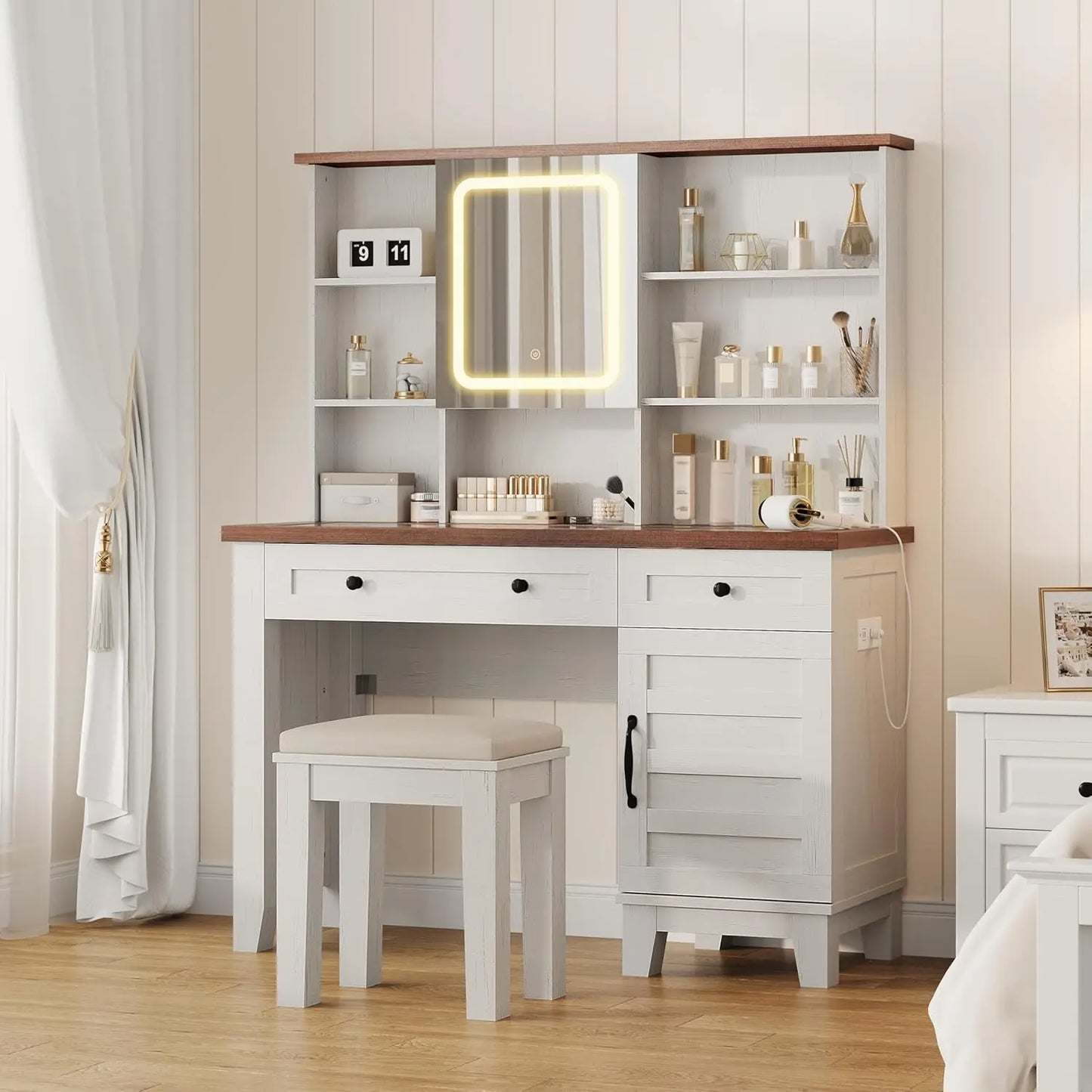 Makeup Table Set with Drawers, Upholstered Stool