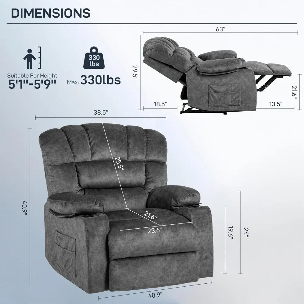 Ergonomic Recliner with Foam Filling, 2 Cup Holders & Side Pocket