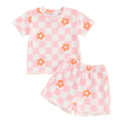 12 MO-4T Floral Checkerboard Print Short Sleeve O-neck T-shirts+Elastic Waist Shorts Tracksuit