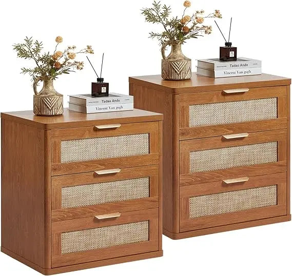 Set of 2, 23" Large 3 Drawer Sidestand, Natural Wood
