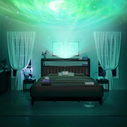 King Size Bed Frame with Star Projector & Charging Station, Headboard