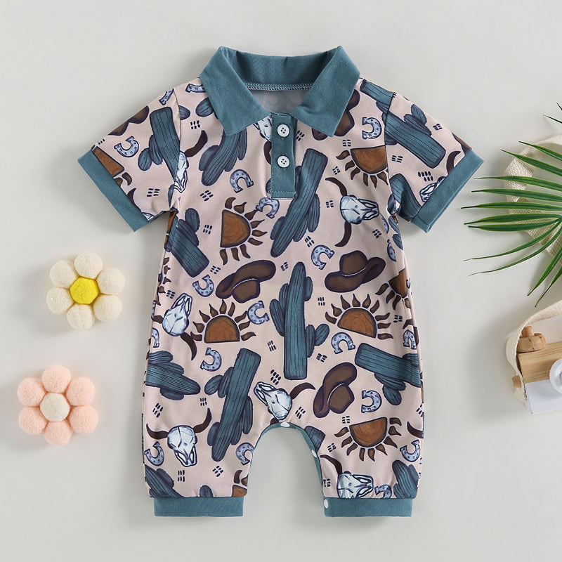 0-18 mo Infant Baby Boys Jumpsuit, Casual Head Print, Short Sleeve Romper