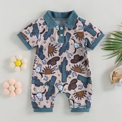 0-18 mo Infant Baby Boys Jumpsuit, Casual Head Print, Short Sleeve Romper