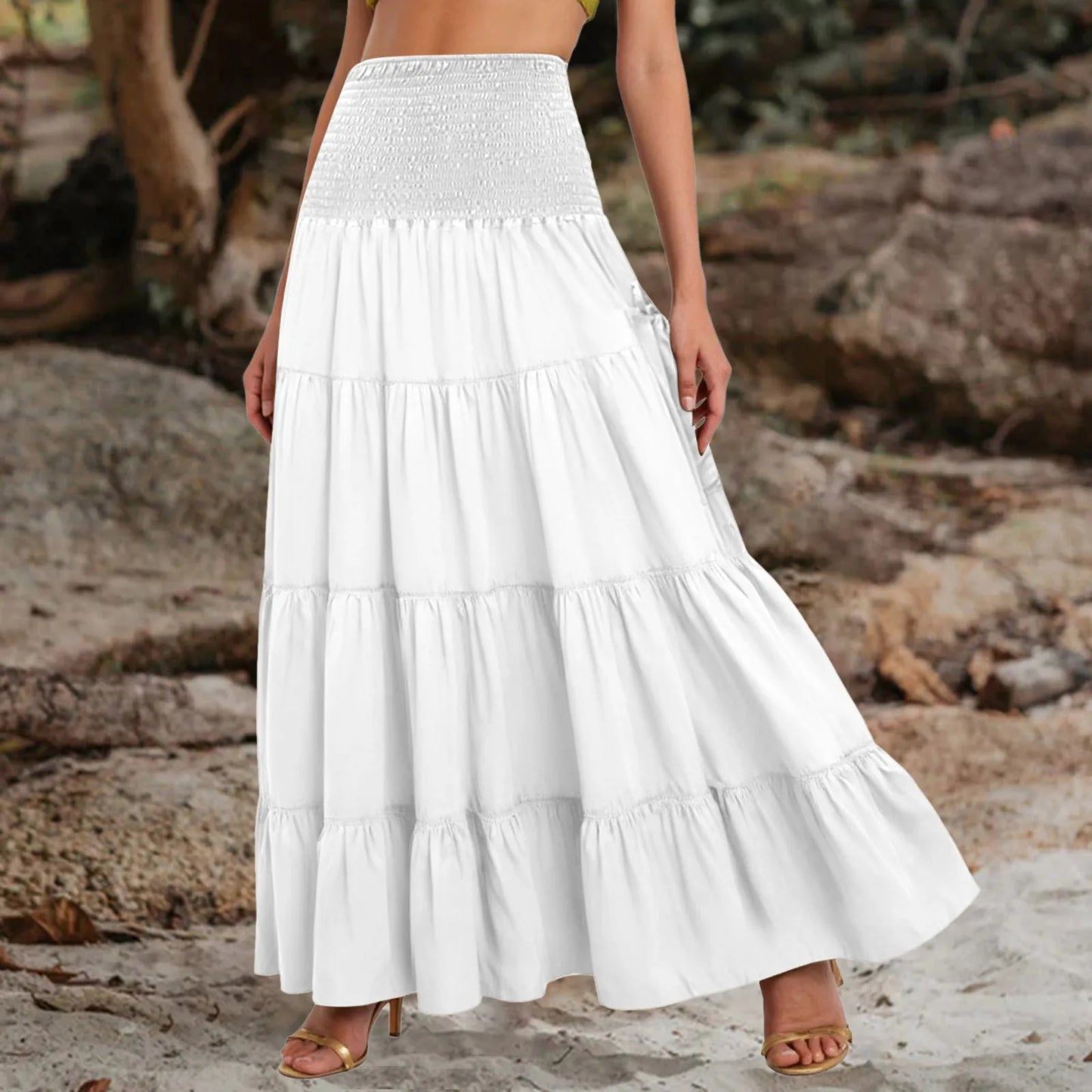 Boho Tiered A-Line Skirt, Pockets, Patchwork, Elastic Waist, Vintage Hippie/Gypsy Maxi Skirt