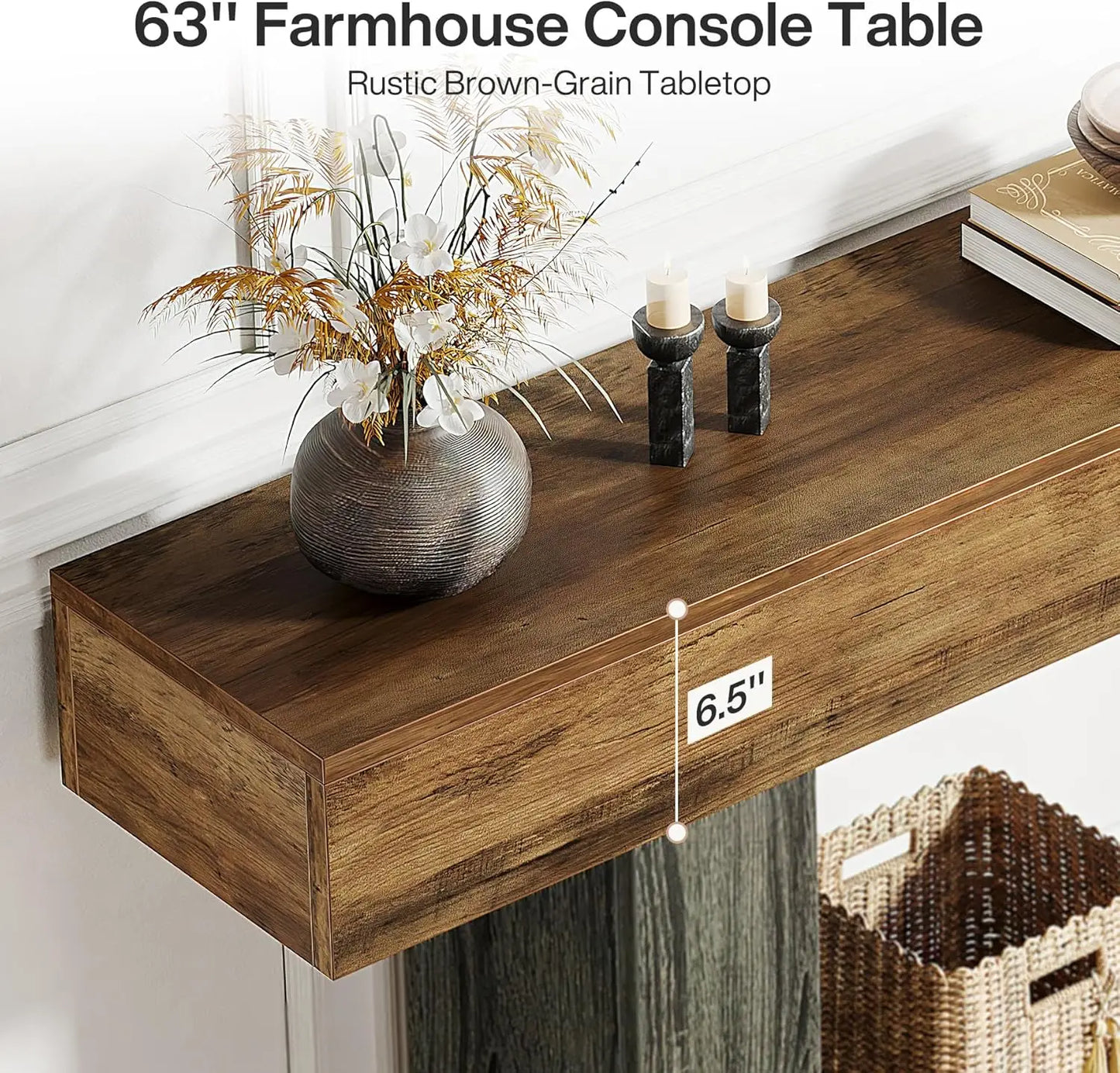 63" 2-Tier Entryway Table with U-Shaped Base, Narrow Long Wood