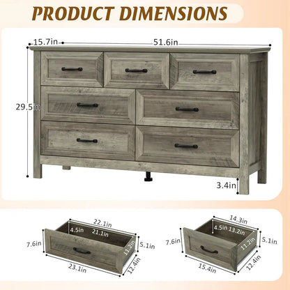 Farmhouse 7-Drawer Dresser for Bedroom, 52" Wide Wood Chest of Drawers