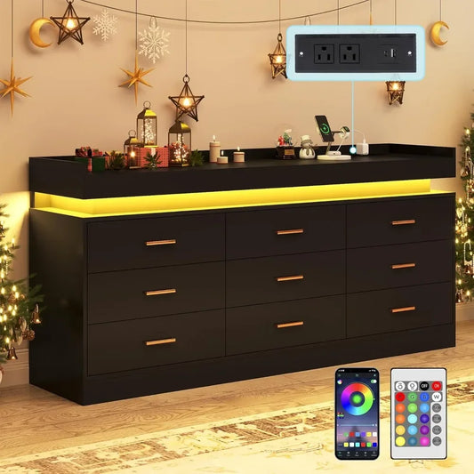 9 Drawer Dresser with Charging Station and LED Lights, Power Outlet