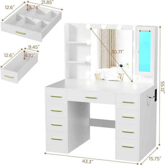 Large 43" Vanity/Desk with Mirror and Lights,  9 Drawers and Power Outlet, 3 Open Shelves and 1 RGB