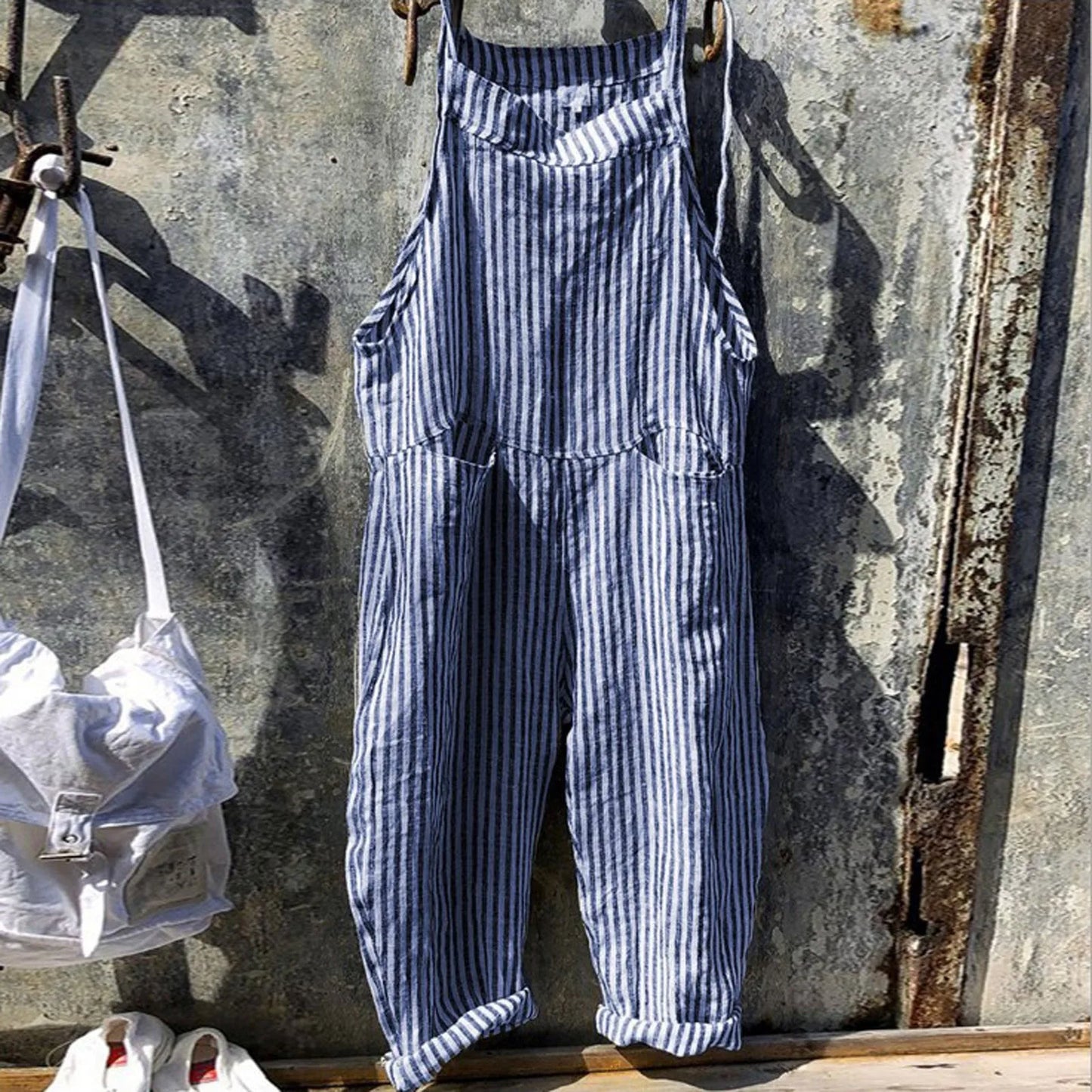 Casual Striped Overalls, Loose Fit, Suspenders, Wide Leg Pants With Pockets