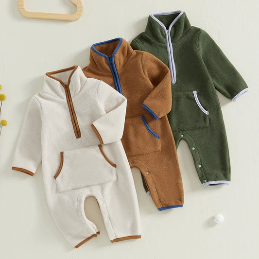 3-12M Autumn Winter Baby Boys Fleece Romper, Long Sleeve, Stand Collar, Pockets