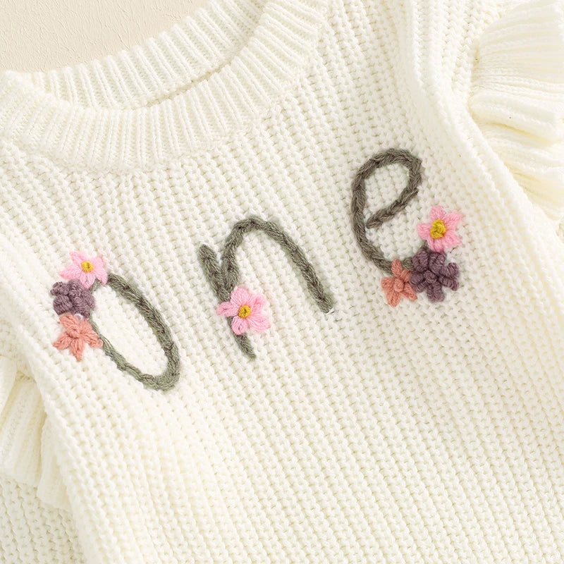 6-18 MO Birthday Sweater, Floral Letter Embroidery, Warm Knitted Pullover