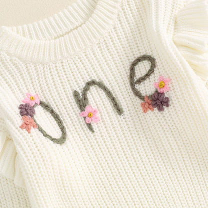 6-18 MO Birthday Sweater, Floral Letter Embroidery, Warm Knitted Pullover