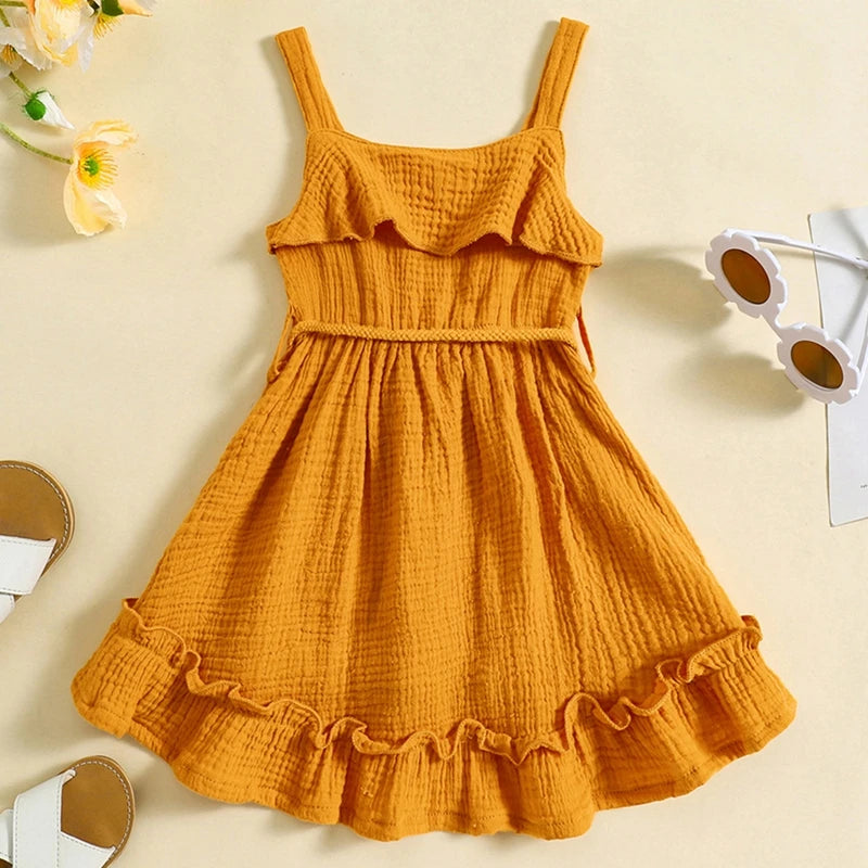 6 MO-4Y Girl Summer Dress, Casual Sleeveless, Square Neck, Belted Dress