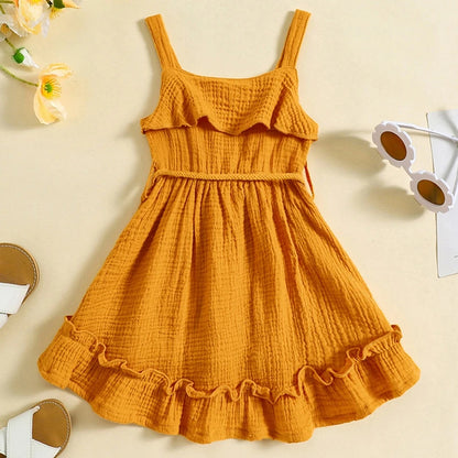 6 MO-4Y Girl Summer Dress, Casual Sleeveless, Square Neck, Belted Dress
