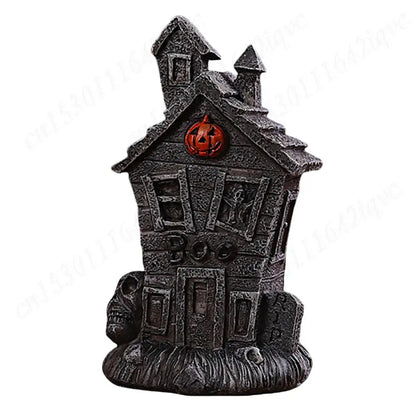 Halloween Miniature Resin Statue Figurines, Pumpkin haunted house and skeleton tombstone