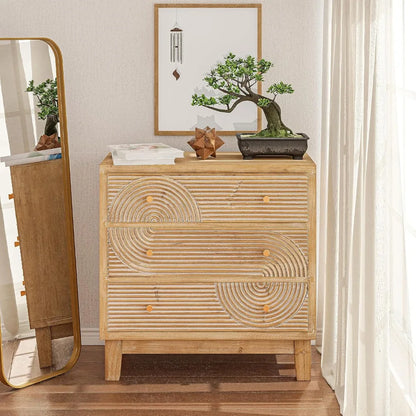 Set of 2 3-Drawer Fully Assembled Nightstands with Handicraft Wood Ring Motif